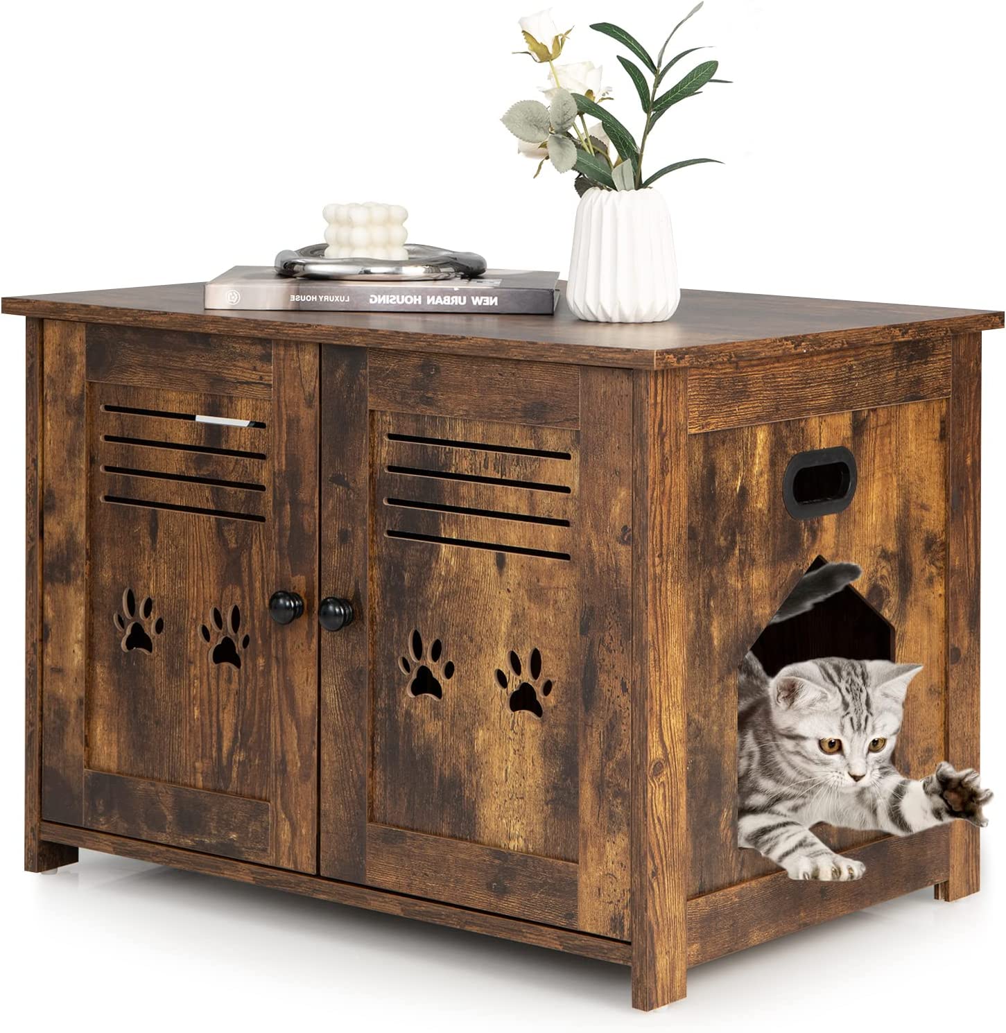 Cat Litter Box Enclosure, Large Cat Box with Reversible Double Doors, Industrial