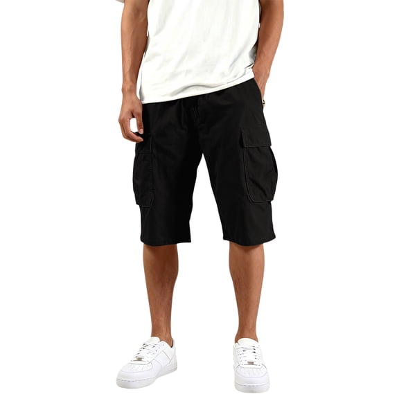 Dwelliawo Mens Capri Pants Casual Capri Shorts Multi-Pockets Below Knee 3/4 Pants Lightweight Travel Elastic Waist Long Pants Black 2XL