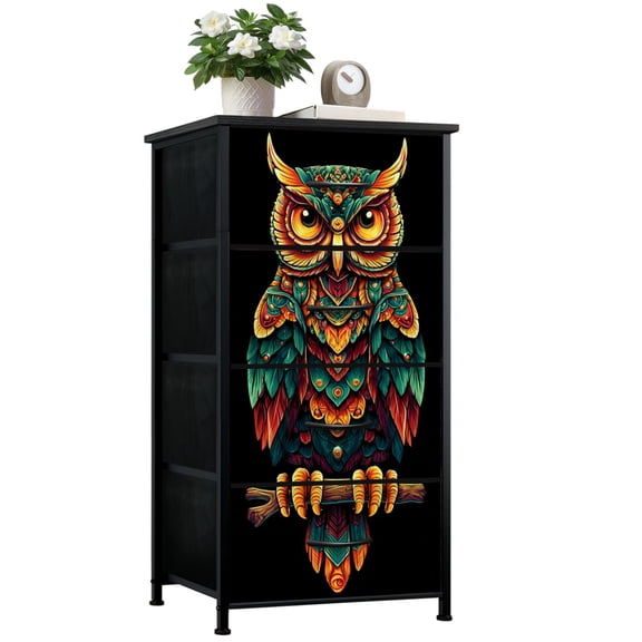 Dresser for Bedroom with 4 Storage Drawers Owl Vibrant Feathers Ornate Symmetrical Design Dressers Chest of Drawers Steel Framed Fabric Closet Organizers for Nursery Entryway
