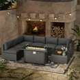 thumbnail image 2 of SOLAURA 8-Piece Outdoor Patio Furniture Sofa Set with 45-inch Propane Gas Fire Pit Table, Black Rattan Wicker 6-Seater Sectional Conversation Set with Coffee Table, for Patios and Gardens (Dark Grey), 2 of 11