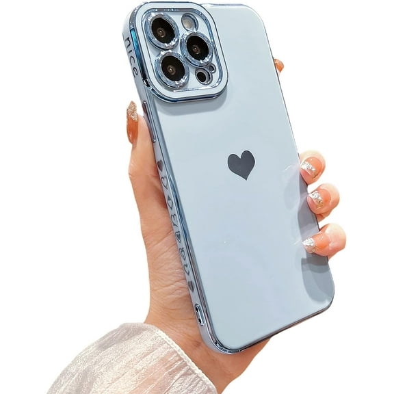 Design for iPhone 13 Pro Max 5g 6.7” Phone Case,Luxury Gold Plating Cute Love Heart Case with Camera Protection Soft Silicone Shockproof Cover Bumper with Side Heart Pattern(Blue)