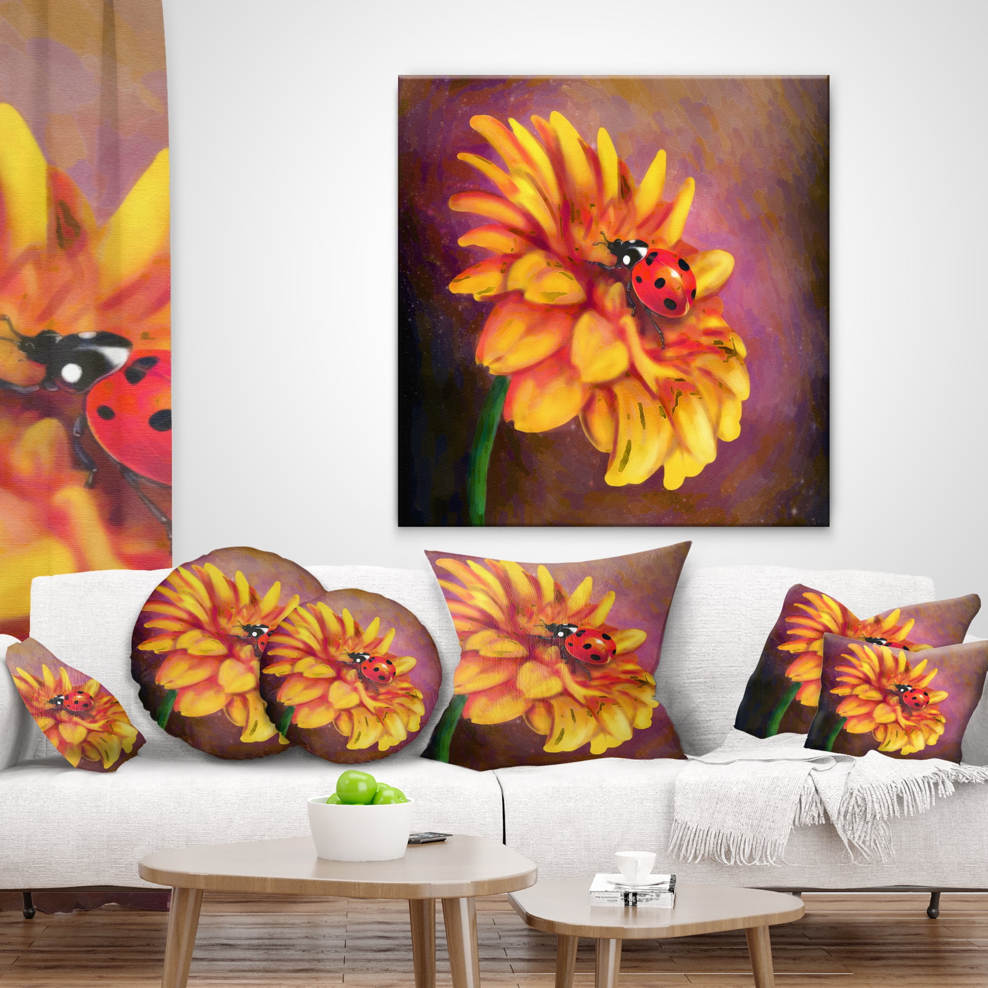 Designart Gerber and Ladybird Watercolor - Floral Throw Pillow - 12x20
