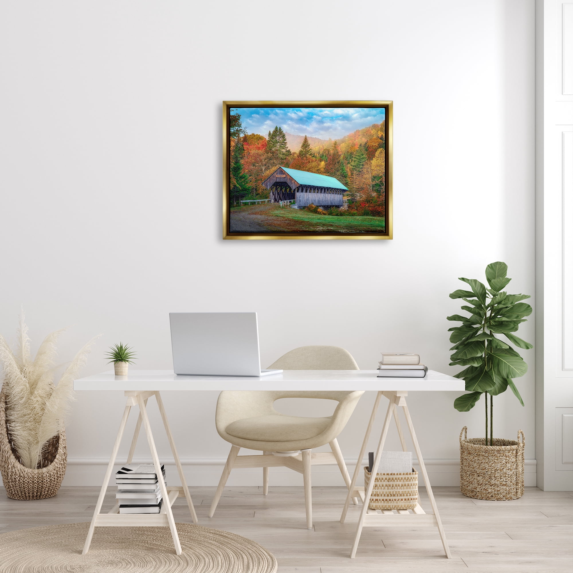 Stupell Woodland Covered Bridge Mountain Foliage Landscape Photography Gold Floater Framed Art Print Wall Art