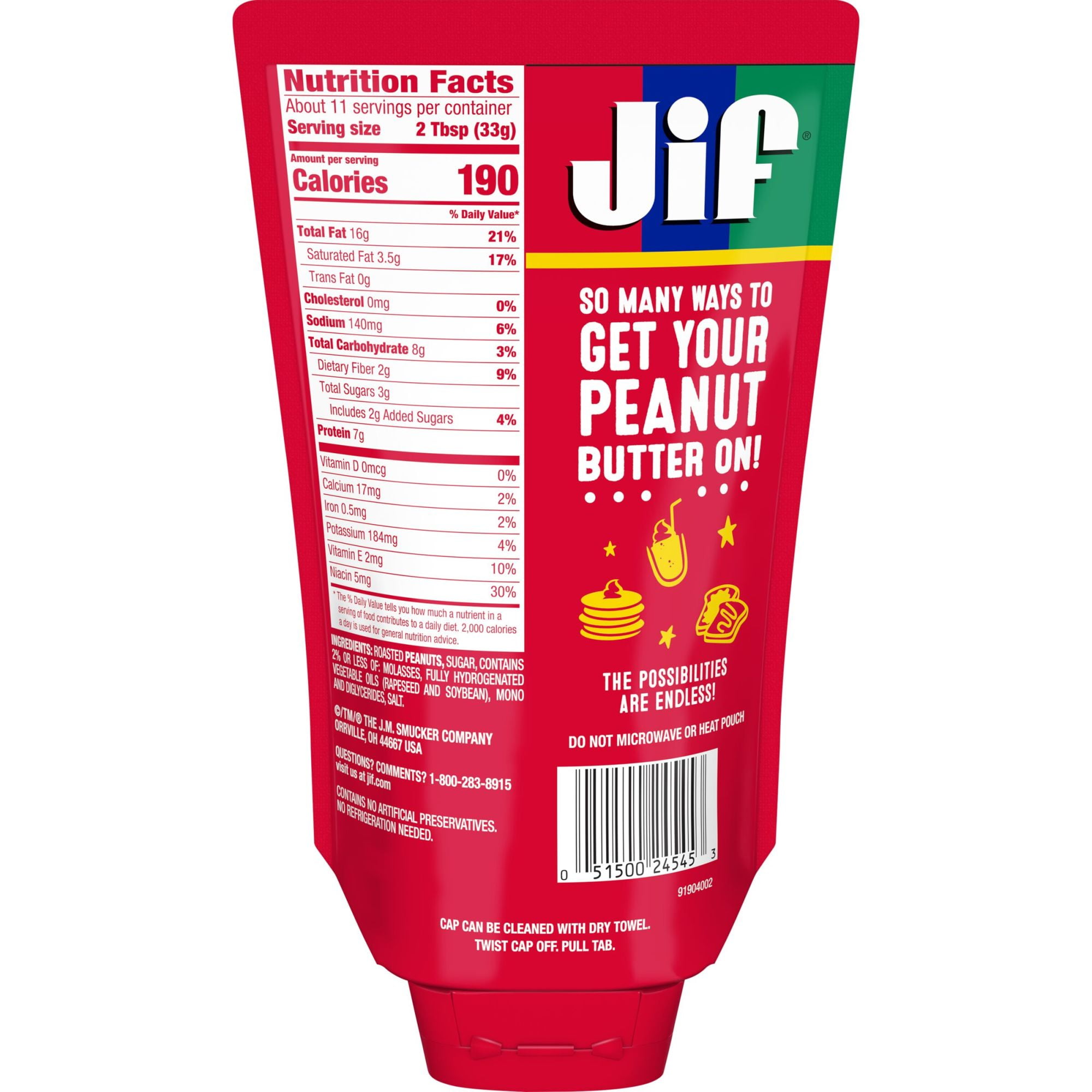 (10 pack) Jif Squeeze Creamy Peanut Butter, 13 oz. - Smooth, Creamy Texture, Portable Peanut Butter Pouch