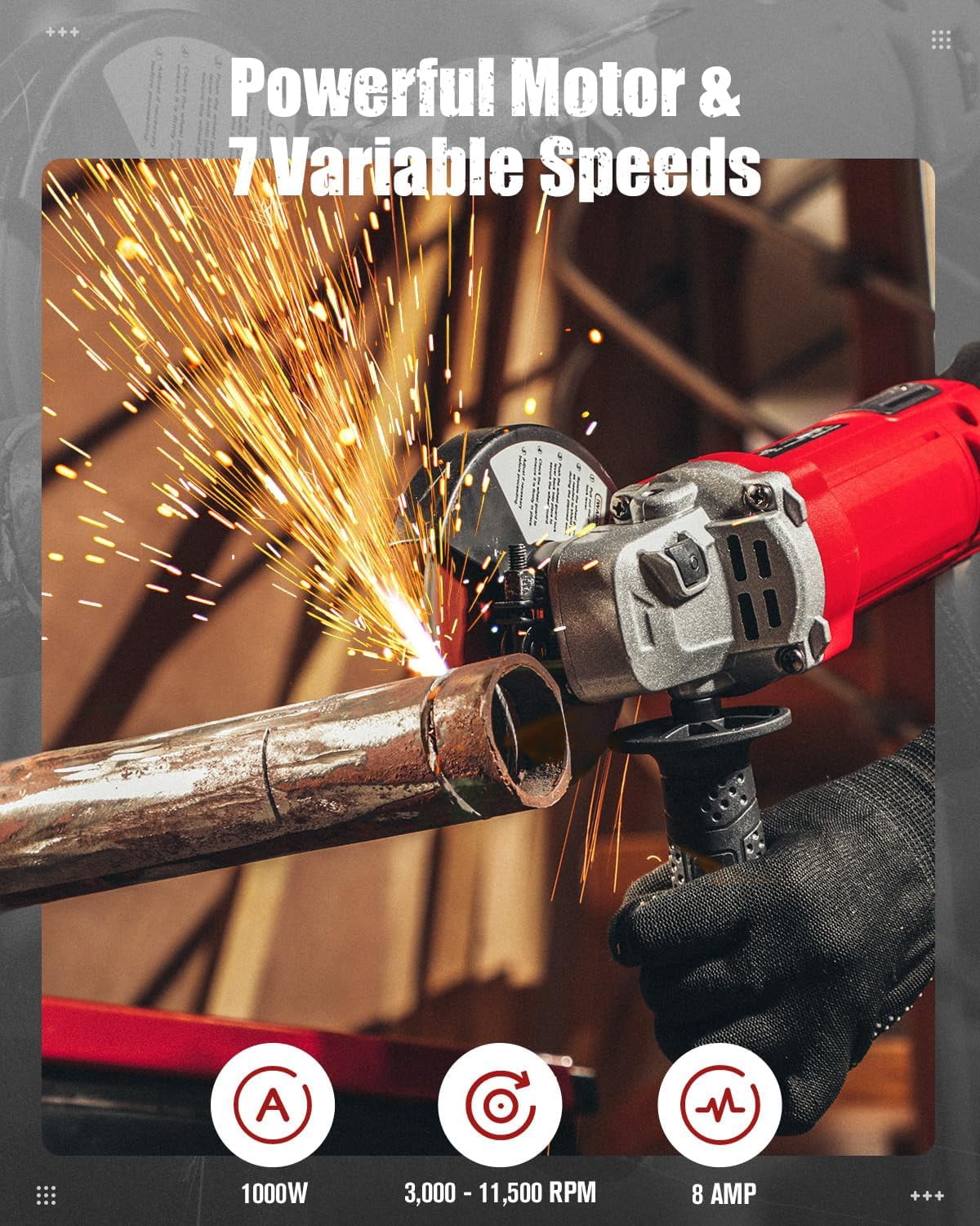 Angle Grinder 4-1/2 Inch 8.0 Amp 1000W Electric Grinder Tool 7-Variable-Speed Metal Grinder, 11,500 RPM, Paddle Switch with Lock-on Button, Cutting & Grinding Wheels and Side Handle - Red