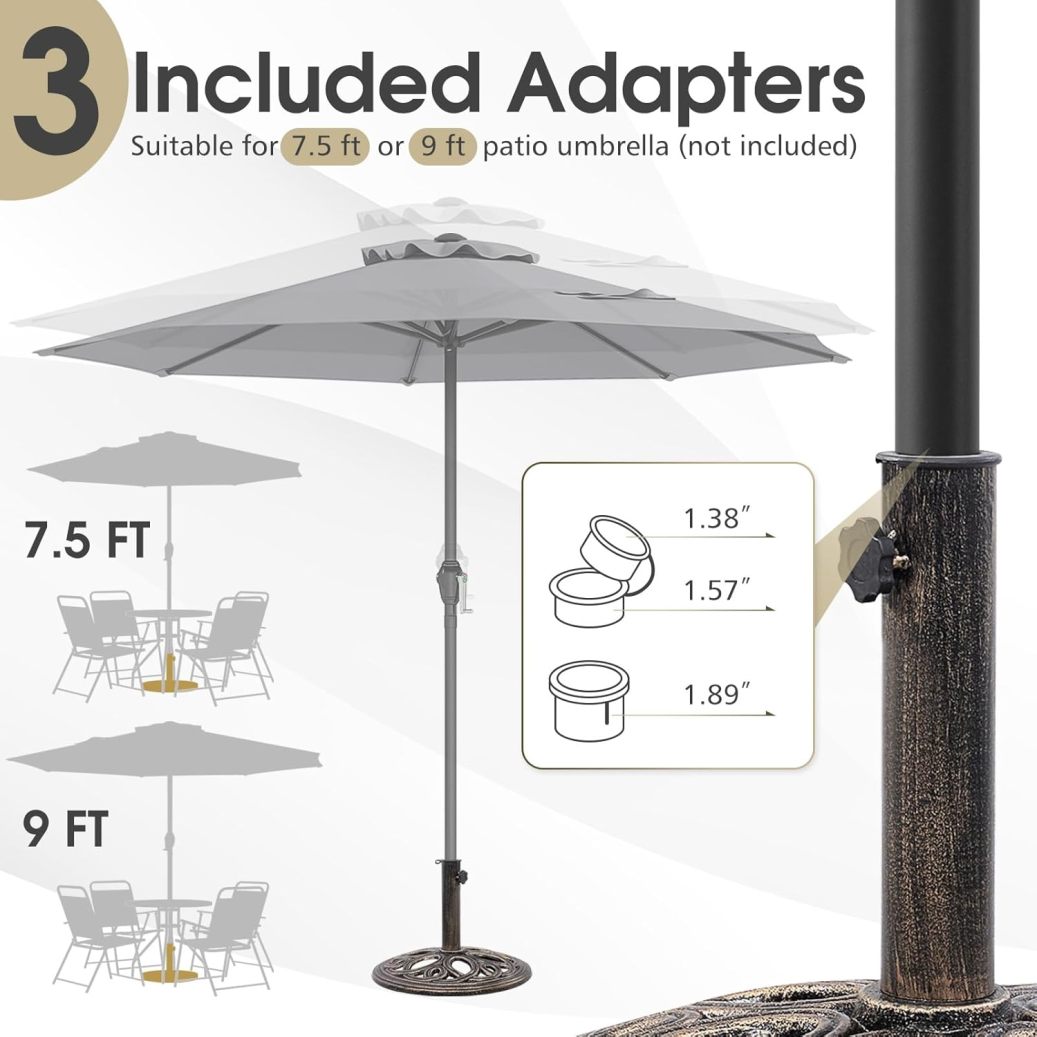 WJSP 22 lbs Heavy Duty Umbrella Base, Round Parasol Holder with 3 Adapters for Φ1.38/Φ1.57/Φ1.9 Pole, Cast Iron Umbrella Base Stand with Beautiful Decorative Pattern, Easy Setup