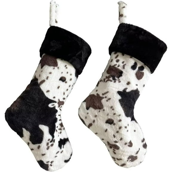 2 Pieces Cow Faux Fur Christmas Stockings Decorations, 20 Inches Large Christmas Stockings for Xmas Holiday, Christmas Tree, Fireplace