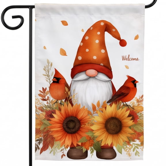 Fall Outdoor Decorative Flags 28 x 40 Inches A gnome with two cardinals sitting on top of a vase of sunflowers Seasonal Yard Flags