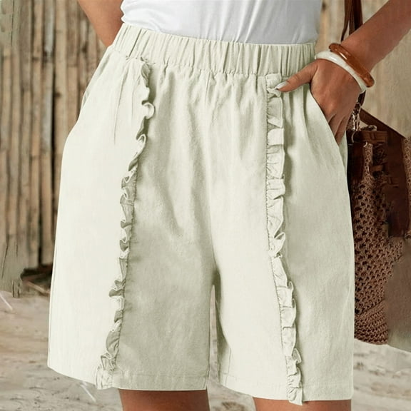 Juslio Womens Shorts Ruffle Pockets Loose Comfy Cotton Linen Solid Casual Ladies Shorts