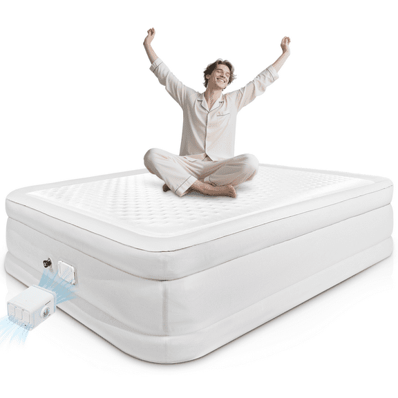 Air Mattress Queen with Built in Pump,Blow Up Mattress with Fiber-Tech, Inflatable Camping Bed, 3-Min Self Inflating with Carrying Bag (18”White Grey)
