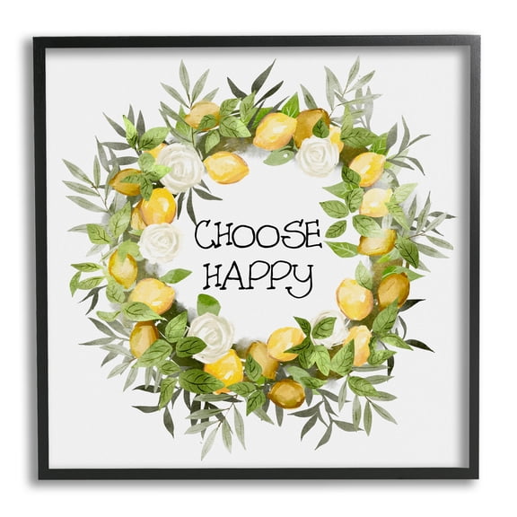 Stupell Choose Happy Lemon Roses Wreath Botanical & Floral Painting Black Framed Art Print Wall Art