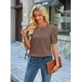 thumbnail image 3 of Wiholl Short Puff Sleeve Sweaters for Women Knit Tops 2026 Trendy Crewneck Striped T Shirts Casual Summer Blouses Brown Tshirts for Women, 3 of 8