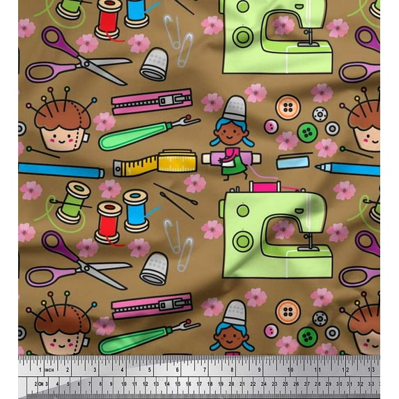 Soimoi Poly Georgette Fabric Scissor,Buttons & Machine Sewing Printed Craft Fabric by The Yard 52 Inch Wide
