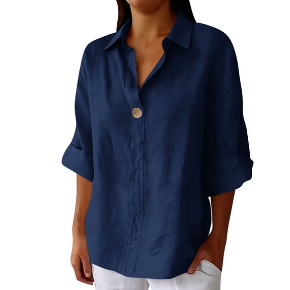 FRSASU Cotton Linen Shirts for Women Buttons V Neck 3/4 Sleeve Tops Solid Color Casual Boho Beach Blouses Cozy Loose Fit Basic T-Shirts Dark Blue