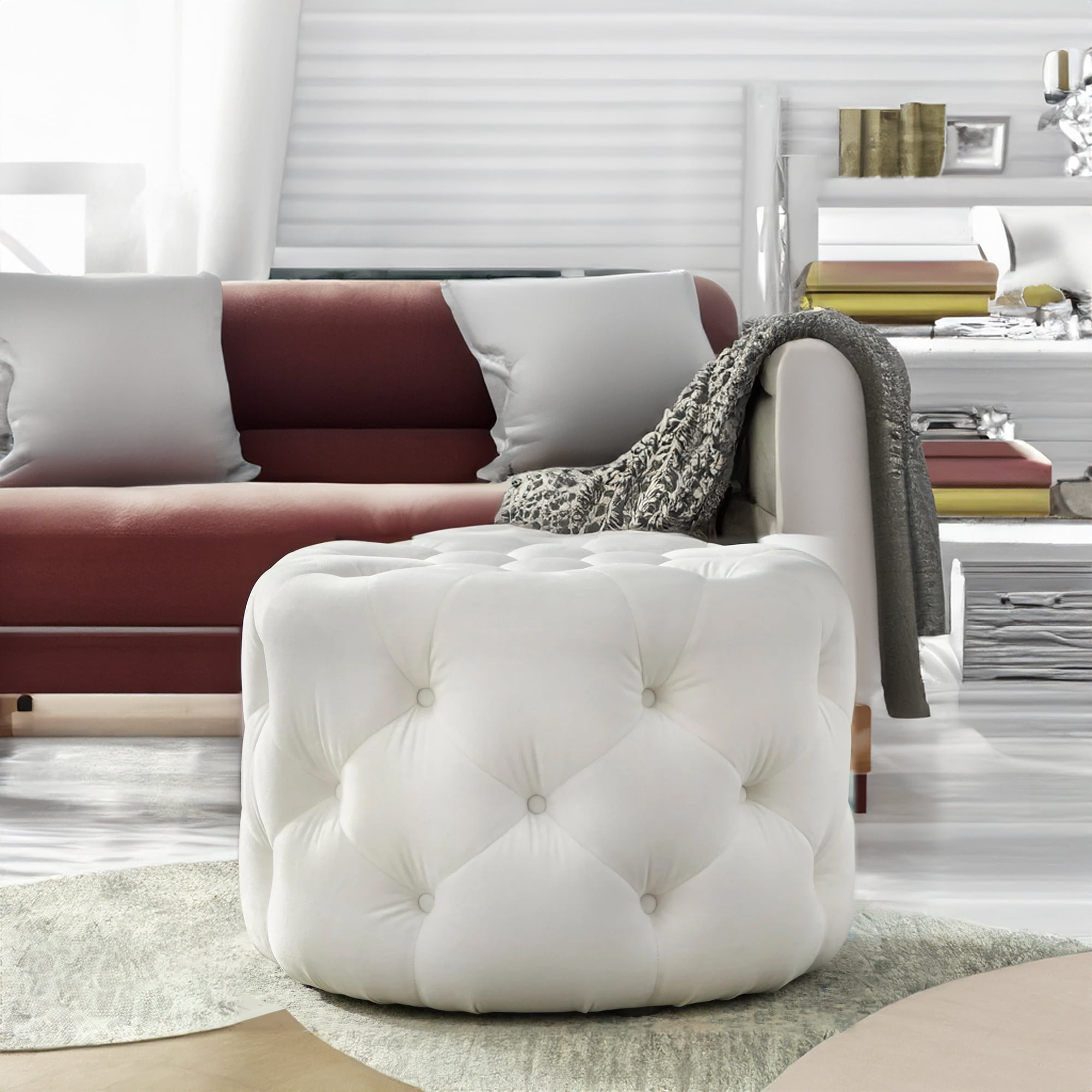 TMS Scopi 24” Upholstered Velvet Round Tufted Ottoman, White Velvet