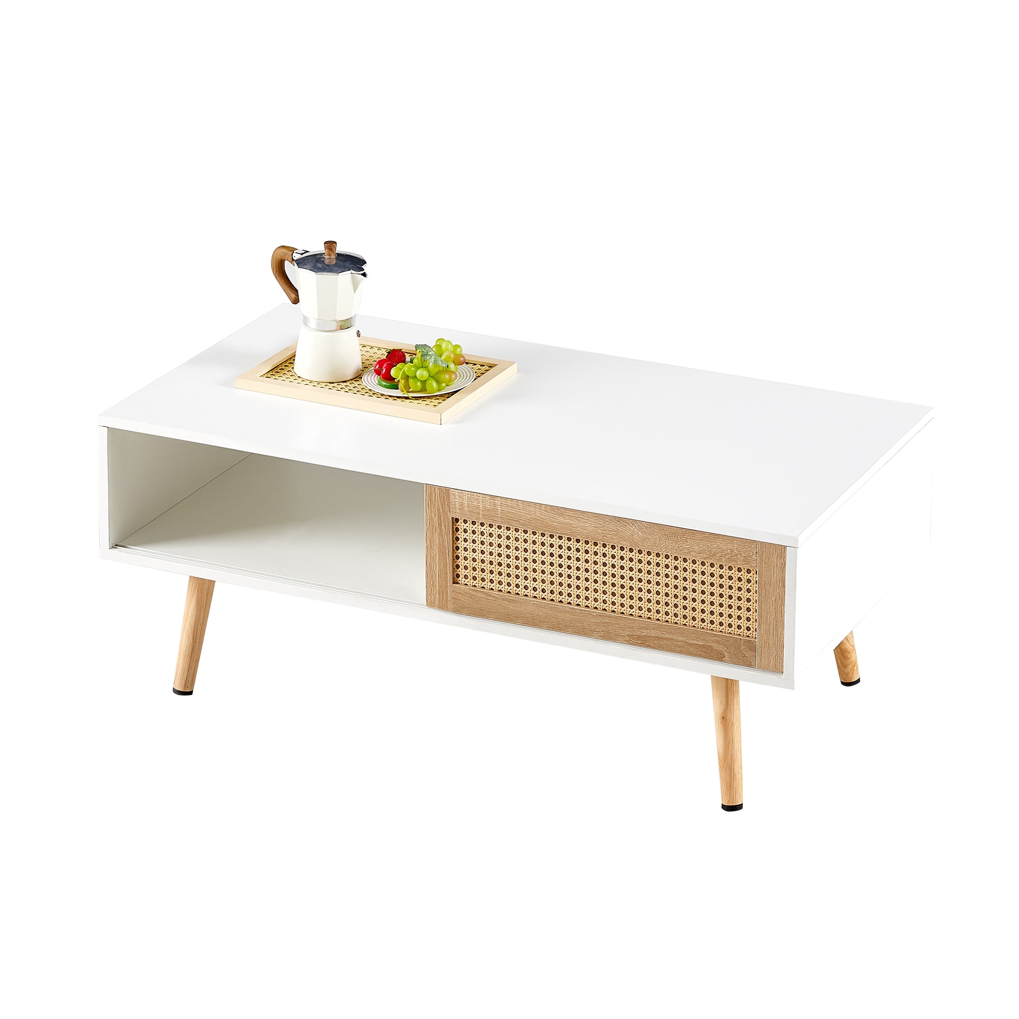 Leumius 41.3 Inch Rattan Coffee Table with Sliding Storage Door, Rectangle Wooden Accent Center Sofa Table with Solid Wood Legs,Suitable for Living Room,White