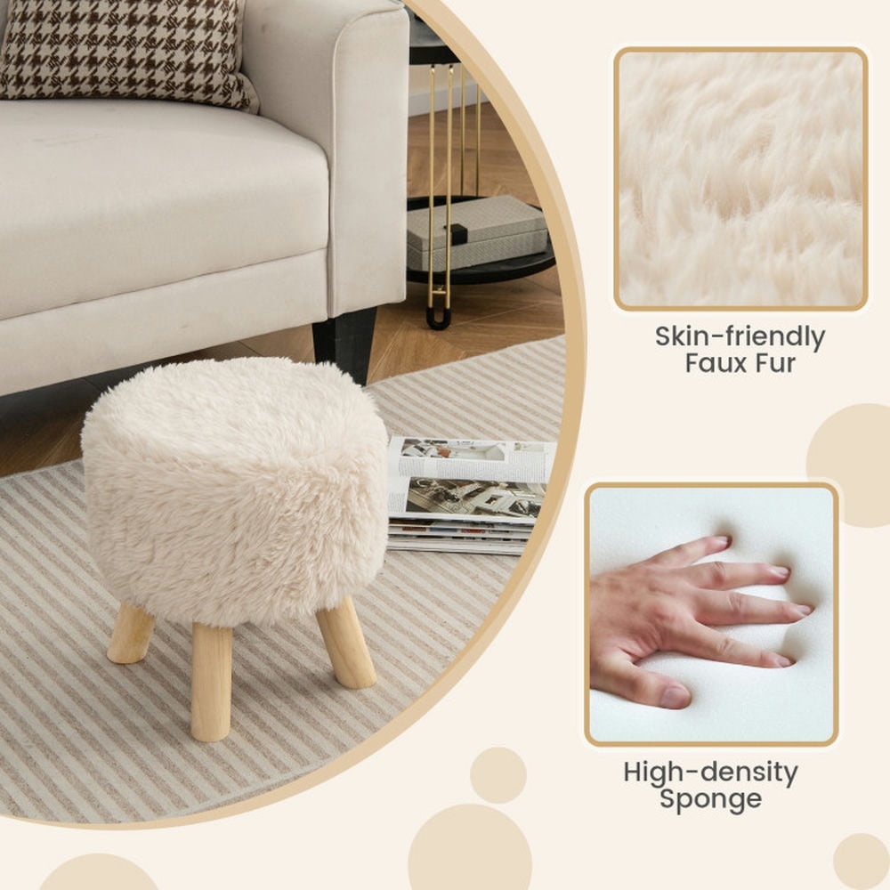 Finihen Ottoman, Foot Stool, Round Footstool Ottoman, Faux Fur Footrest with Padded Seat and Rubber Wood Legs, for Living Room, Bedroom, Kids' room, White Finihen Ottoman, Foot Stool, Round Footstool Ottoman, Faux Fur Footrest with Padded Seat and Rubber Wood Legs, for Living Room, Bedroom, Kids' room, White