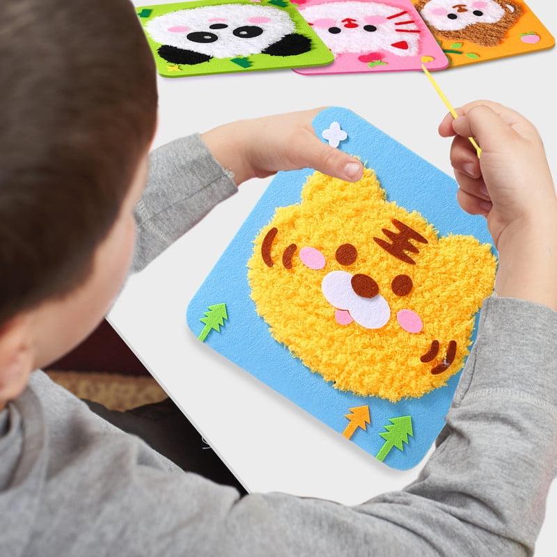 DIY Embroidery Doll Set, 4pcs Cute Cartoon Animal Sewing Craft Kit Sewing Projects Yarn Board (Panda + Cat + Tiger + Monkey)