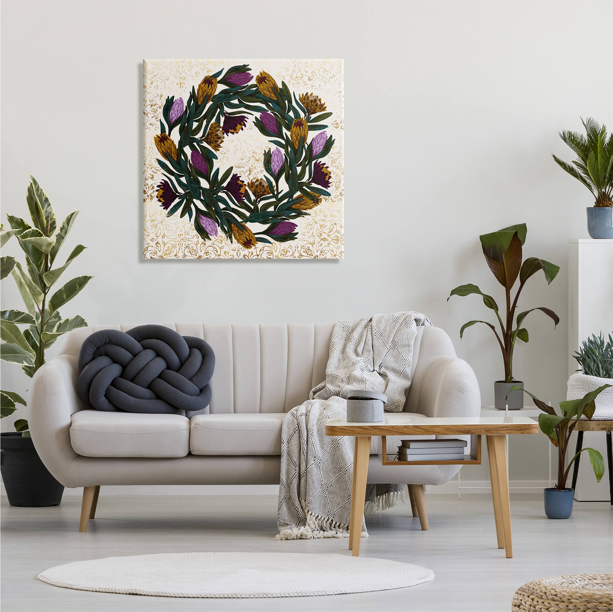 Stupell Industries Wild Thistle Floral Wreath on Regal Gold Pattern, 30 x 30, Designed by Daphne Polselli