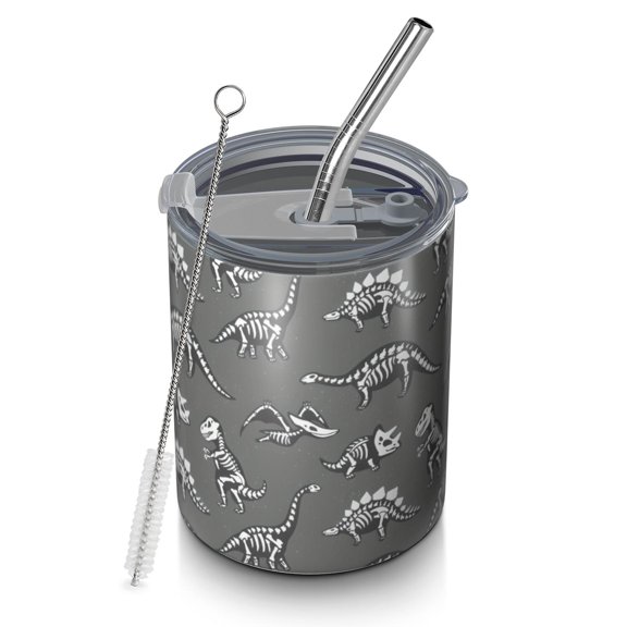 12oz Coffee Tumblers Gray Dinosaur Skeletons Fossils Pattern Stainless Steel Vacuum Insulated Travel Tumbler Coffee Cups Mug with Lid and Straw with Cleaning Brush for Cold & Hot Drinks