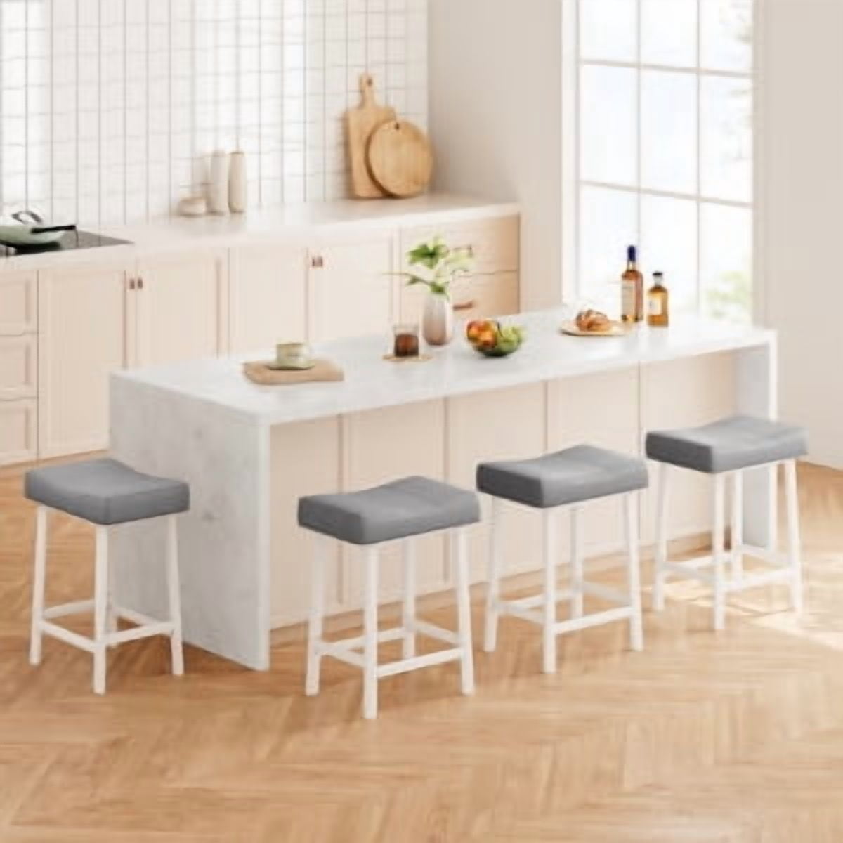 Acekid Bar Stool Set of 4&nbsp;– 24 Inch Counter Height, Upholstered Padded Seat with Curved Surface, Ergonomic Saddle Design for Kitchen/Home, White + Grey Cushion