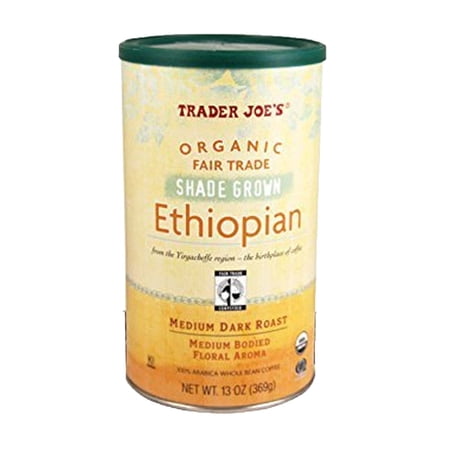 Trader Joes Organic Fair Trade Ethiopian Whole Bean Coffee Medium Dark Roast and Rich Flavor | 13 oz