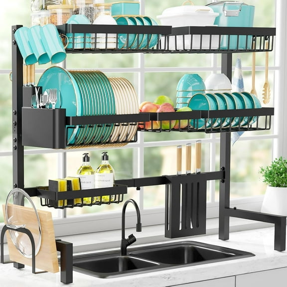 Dish Drying Rack Over The Sink - XX-Large Capacity Stainless Steel Dish Drainer, Multifunctional Kitchen Organizer, Black, 12" D x 31.5"~39.5''W x 30.5" H