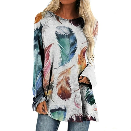 

Women Long Sleeve Casual Shirts Feather Print Round Neck Pullover Loose Tops