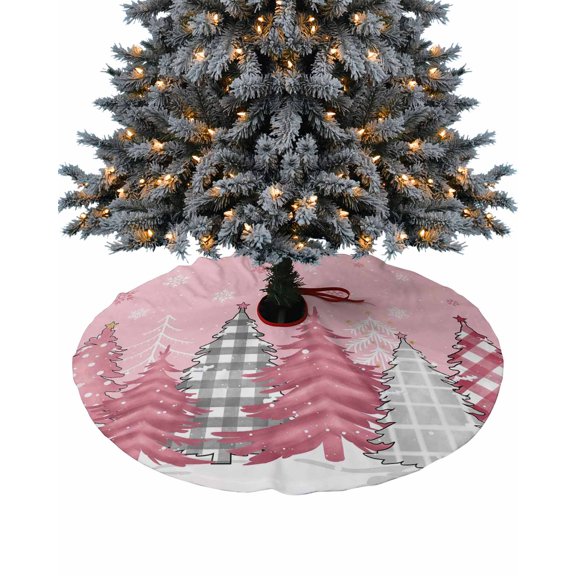 Pink Christmas Tree Christmas Tree Skirt 48 Inches Large Christmas Skirt Tree, Grey Pink Plaid Xmas Tree Winter Snowflake Tree Skirt Christmas Decorations for Fireplace Party Holidays Indoor Outdoor