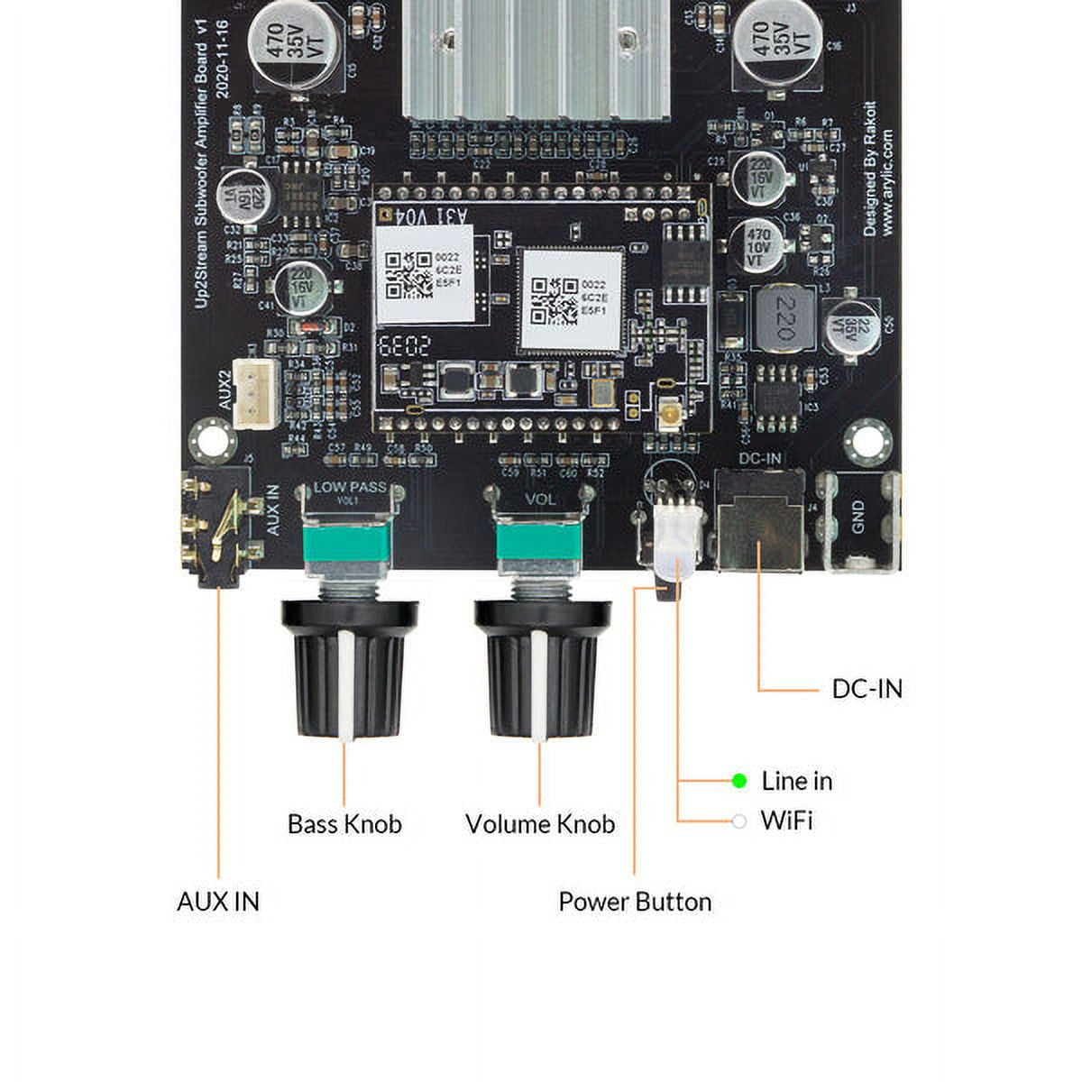Arylic Up2Stream Amp Sub WiFi Multiroom Amplifier Audio Wireless 2.1 Channel Subwoofer Speakers Amplifier Board 100W Output 3.5mm Jack