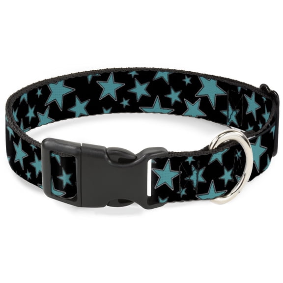 Buckle-Down Pet Collar, Dog Collar Plastic Buckle, Stars Multi Stars Black Turquoise, 7 to 8.5 Inches 0.5 Inch Wide