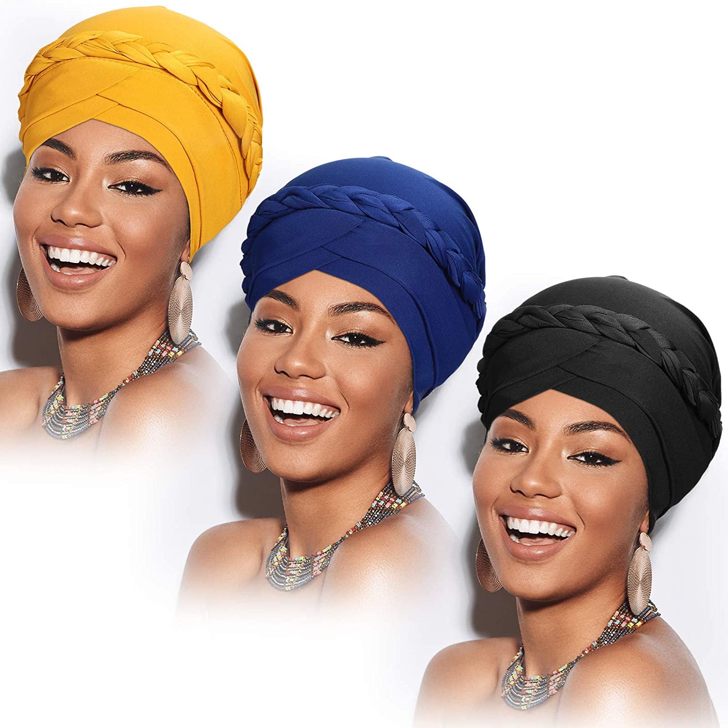 3 Pieces Women Turban Pre-Tied Bonnet Braid Soft Turban Muslim Hijab African Head Wrap Headwear for Woman, One Size