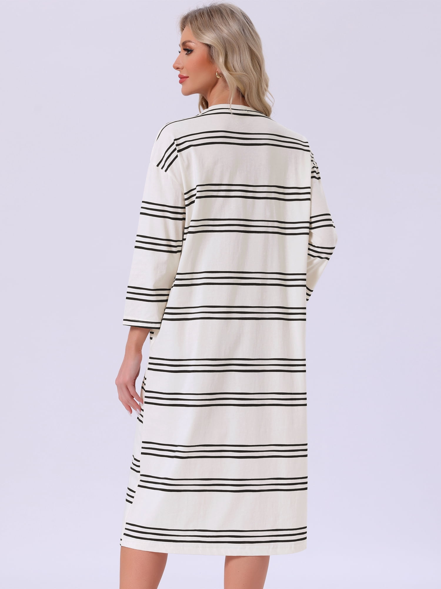 DARING DIVA Women's Cotton Stripe Long Sleeve Nightgown with Built in Bra L White