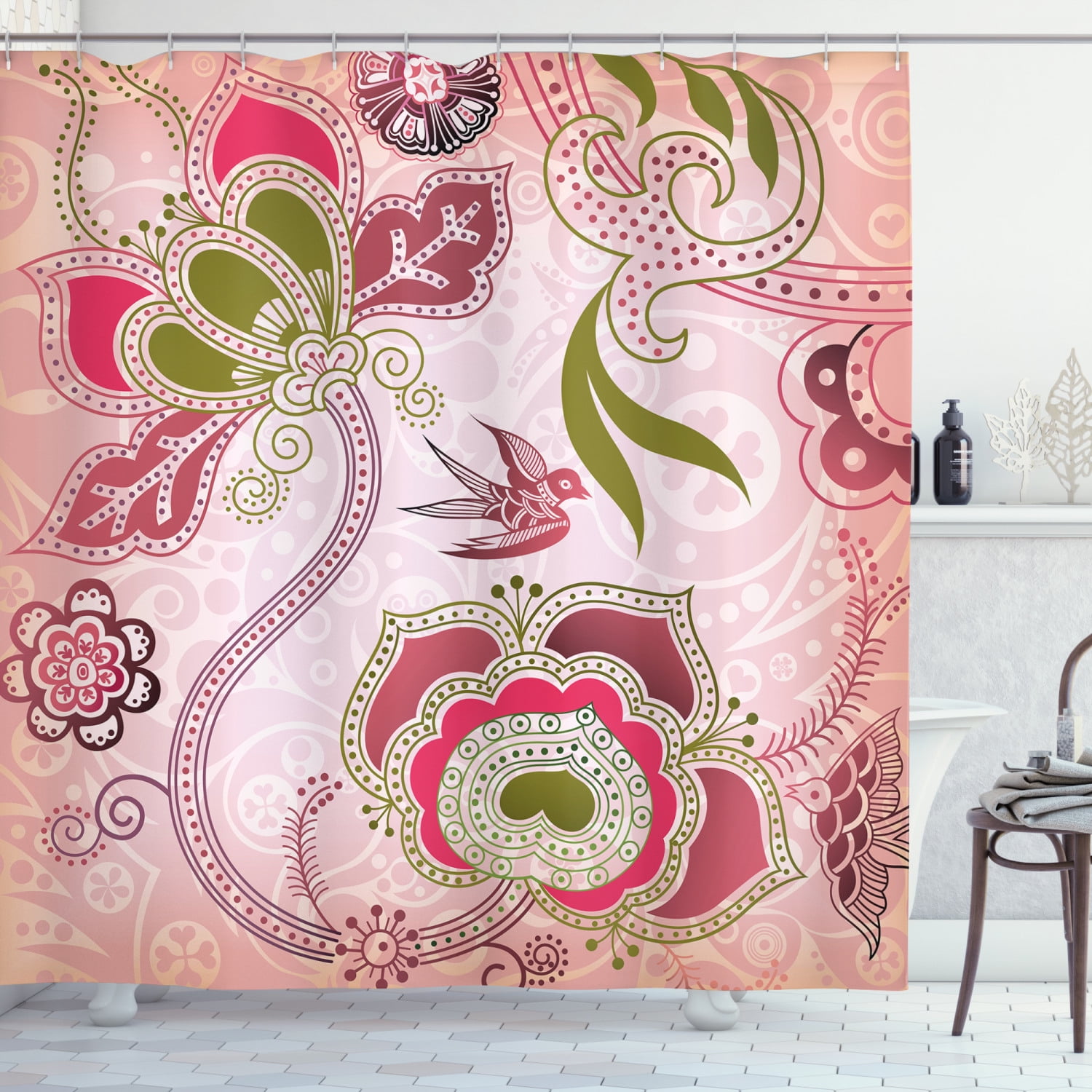 Ambesonne Ethnic Shower Curtain, Swirl Leaf Lines Bohem, 69"Wx75"L, Olive Green Dried Rose