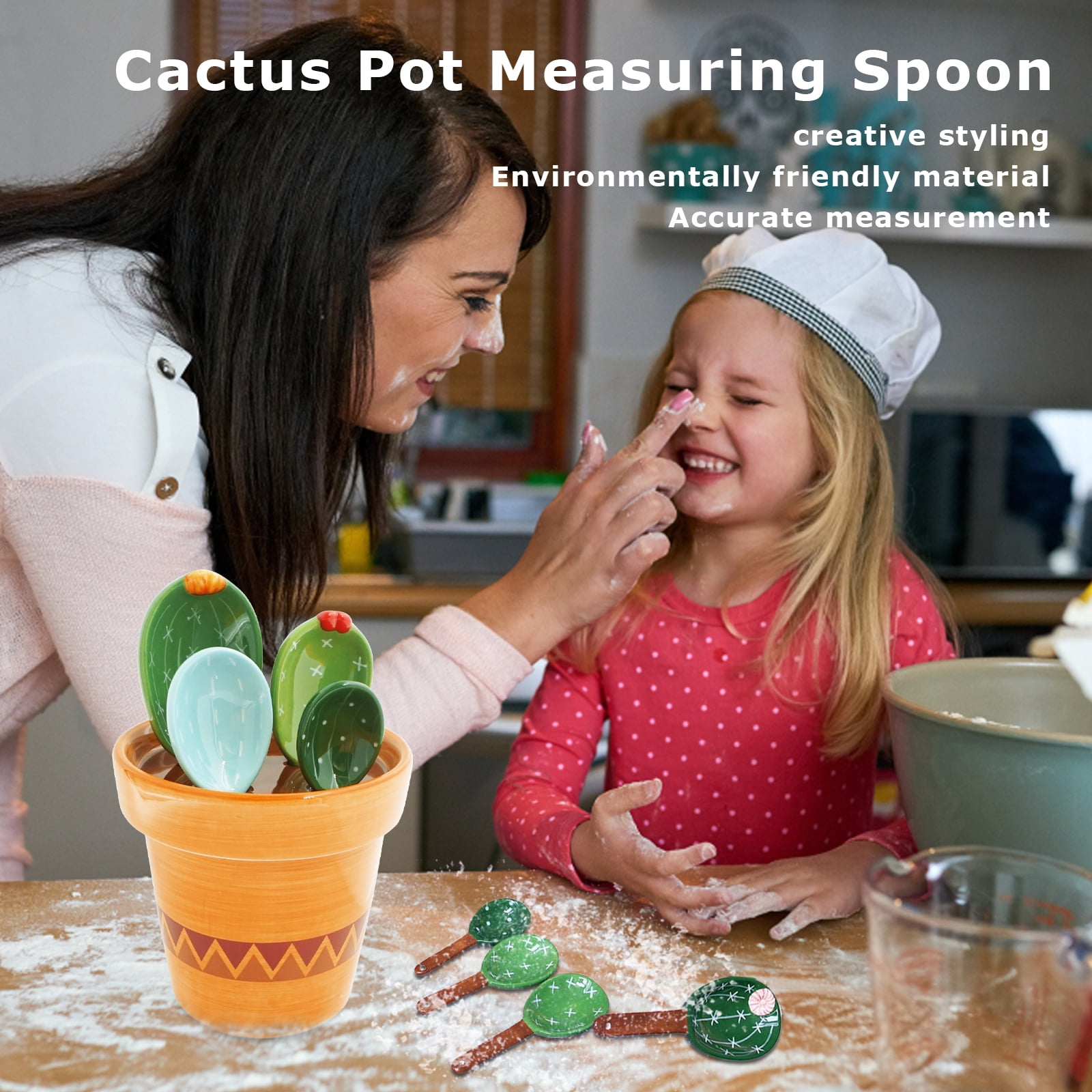 Cactus Ceramic Measuring Spoons Set In Pot - Unique Nesting Measuring Cups, Dishwasher Safe, Baking Gift
