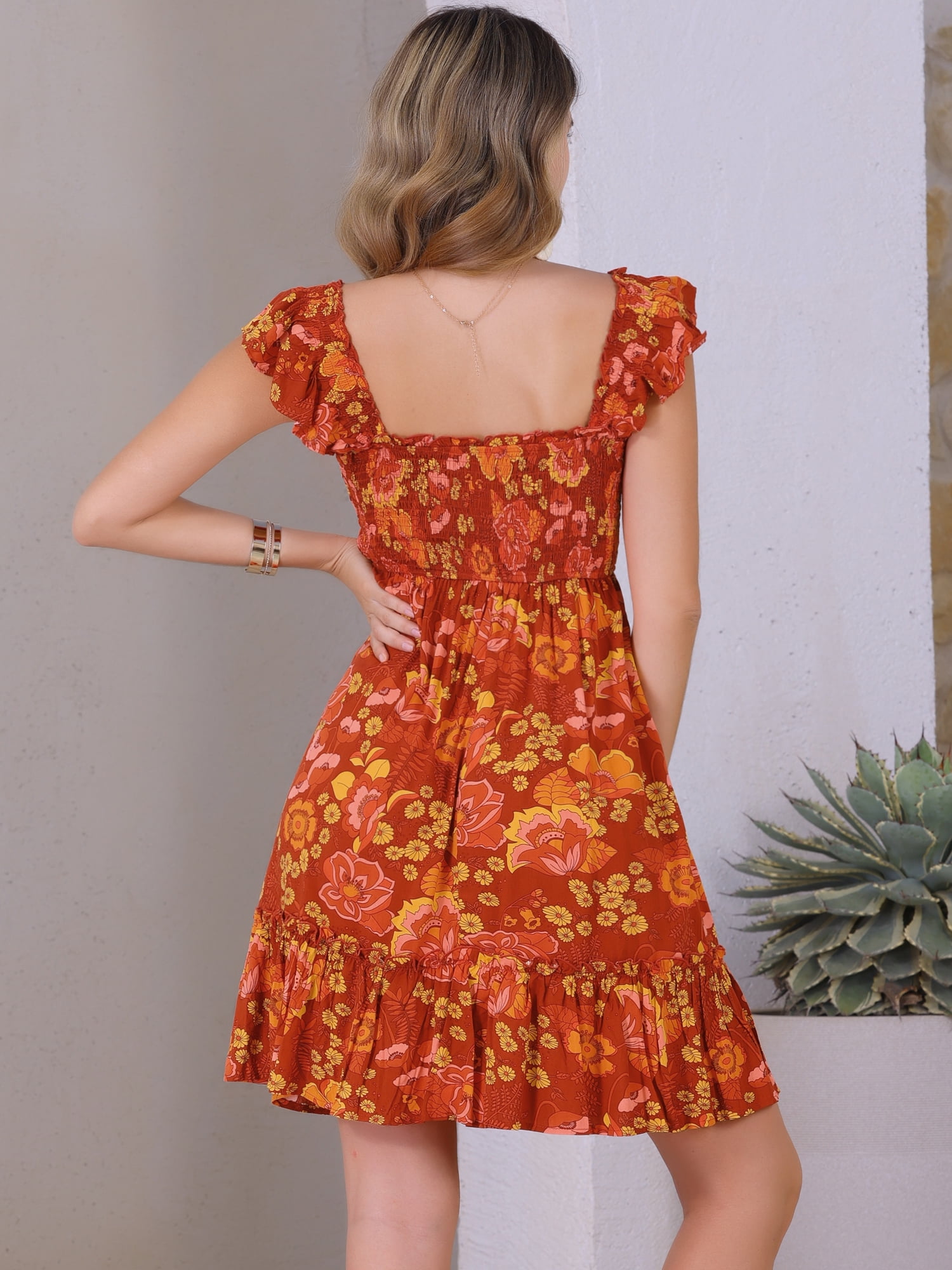 DARING DIVA Floral Smocked Sleeveless Square Neck Ruffled Dress S Red Orange