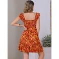 thumbnail image 3 of DARING DIVA Floral Smocked Sleeveless Square Neck Ruffled Dress XS Red Orange, 3 of 6