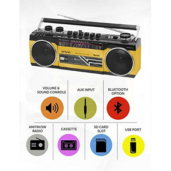 Riptunes Cassette Boombox, Retro Blueoth Boombox, reproductor de cassette y grabadora, AM/ FM/ SW-1-SW2 Radio-4 Band Radio, USB y SD, Amarillo
