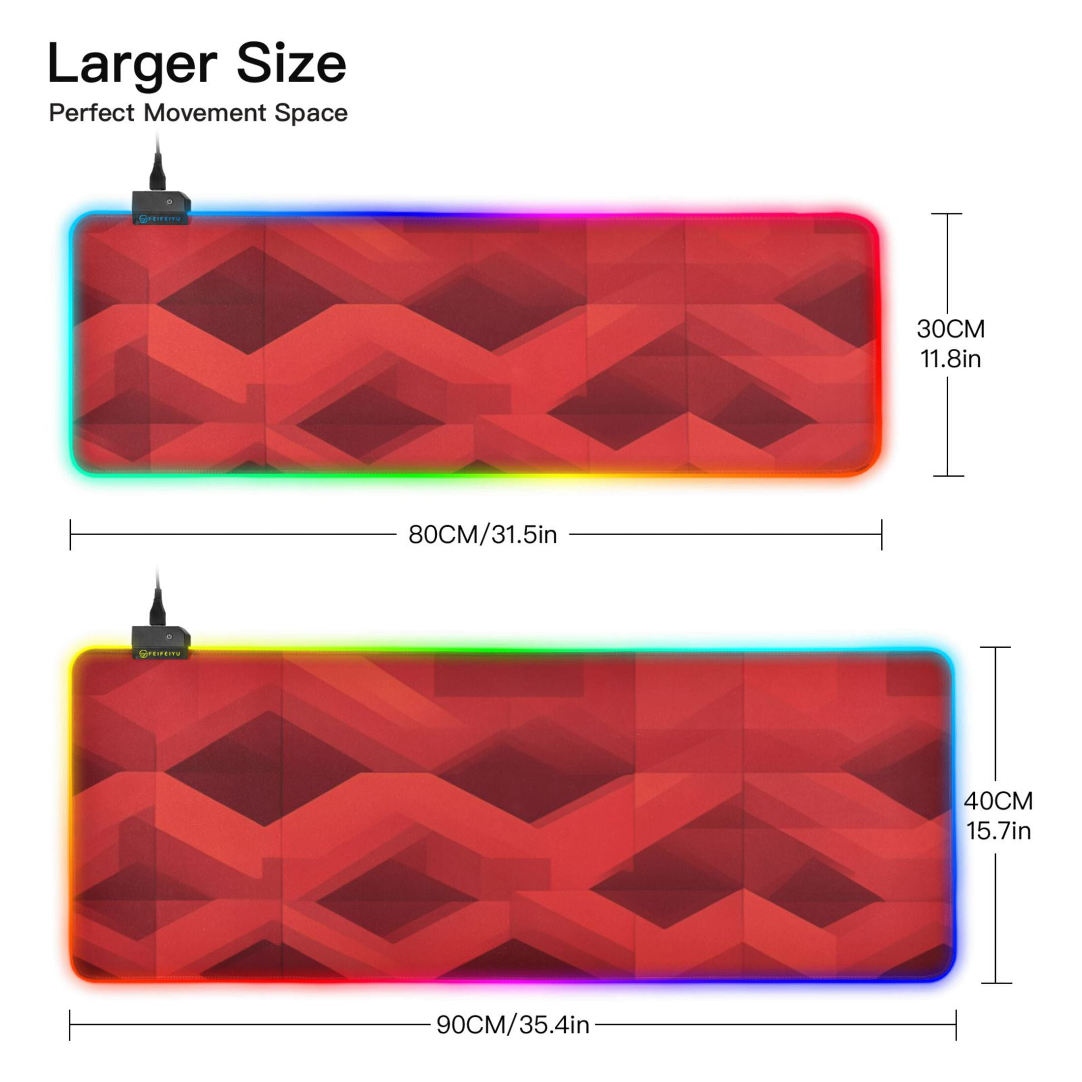 Red Geometric Patten RGB Gaming Mouse Pad Large Keyboard Mat Rubber Base 13 Light Modes