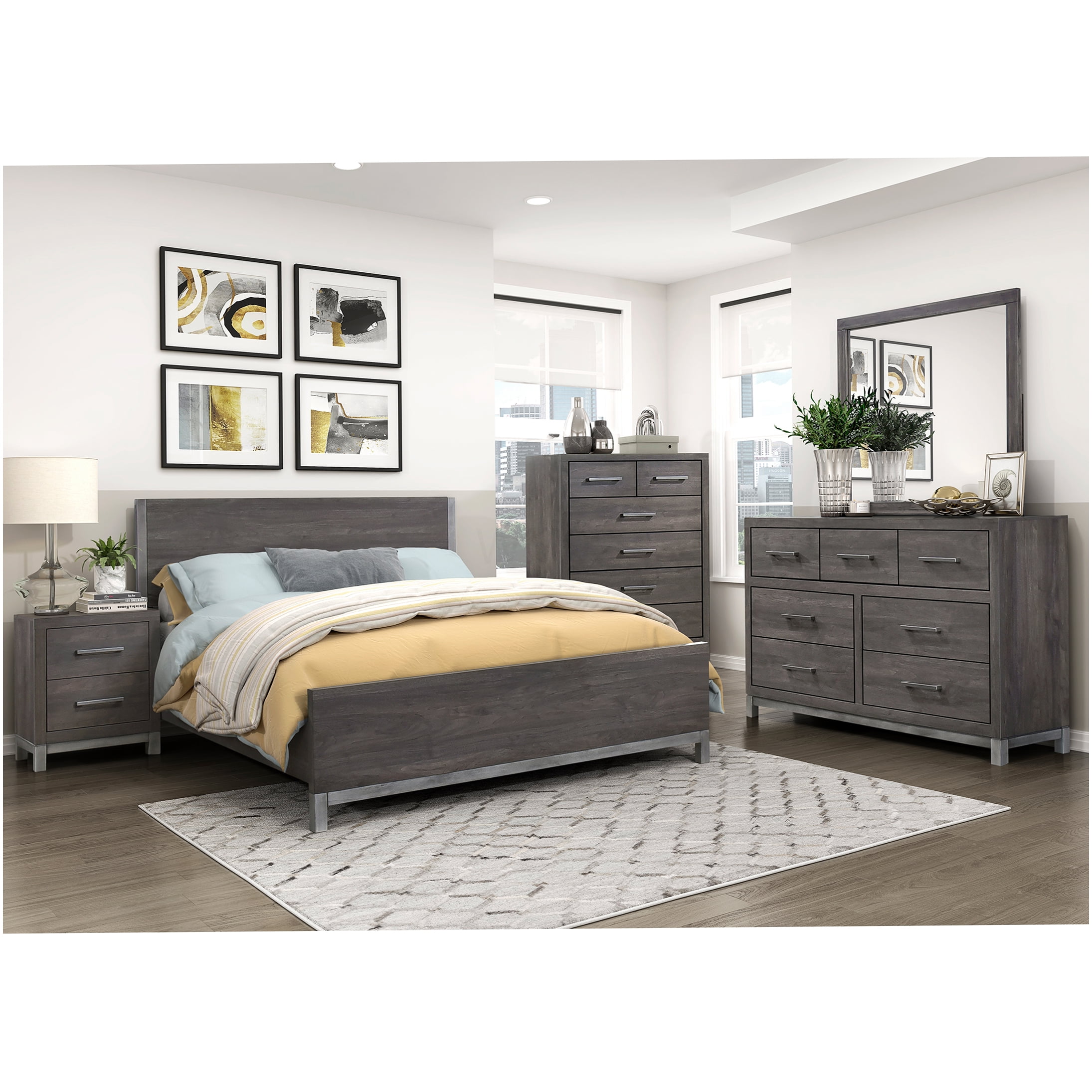 Modern Low Profile Queen Platform Bed Frame with Upholstered Headboard, Silver Metal Accents, Scratch Resistant Surface, No Box Spring Needed