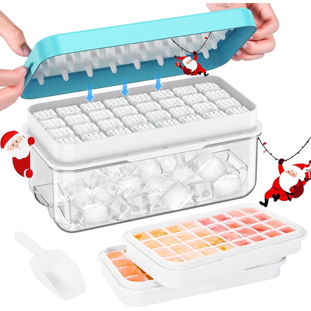 Bandeja para cubitos de hielo con tapa y recipiente, 64 bandejas para congelador, bandejas para cubitos de hielo para congelador con 2 bandejas, recipiente, tapa y pala para hielo, sin BPA