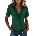 thumbnail image 2 of ClodeEU Women's Collared V Neck Short Sleeve Fringe Hem Button Down Blouse,Slim Fitted Casual Shirt Top Army Green,Women's Plus L, 2 of 5