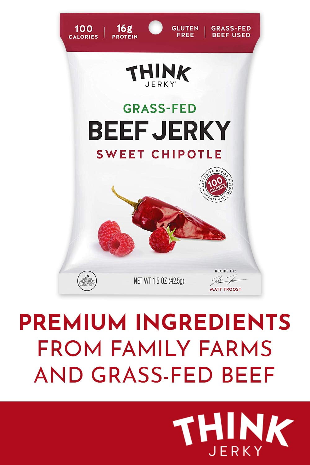 Think Jerky Sweet Chipotle Beef Jerky, Grass-Fed High Protein Beef Jerky, Gluten Free, No Antibiotics or Nitrates, Healthy Chef Crafted Recipe, Low Calorie and Low Fat - 2.2 oz Bags, 4 Pack