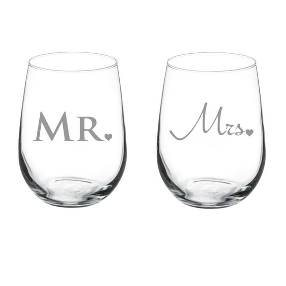 Pair of 17 oz Stemless Wine Glass (2) Married Couple Mr. and Mrs.