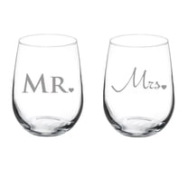 Pair of 17 oz Stemless Wine Glass (2) Married Couple Mr. and Mrs.