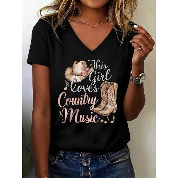 This Girl Loves Country Music V Neck T-Shirt Cotton Women's V Neck Graphic Tee, Casual Short Sleeve Shirt,Vacation Outfit