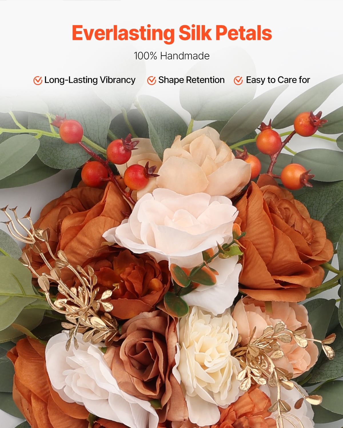 VEVOR Artificial Wedding Arch Flowers Kit, Orange Wedding Arch Flowers with Drapes Kit (Pack of 4) - 2 Pcs Floral Arrangement, 2 Pcs Sheer Drapes, for Ceremony Bouquets Reception Backdrop Decoration