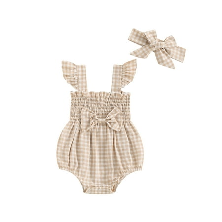 

Tsseiatte Baby Girl 2Pcs Summer Outfits Fly Sleeve Plaid Print Smocked Romper with Headband Set Newborn Clothes