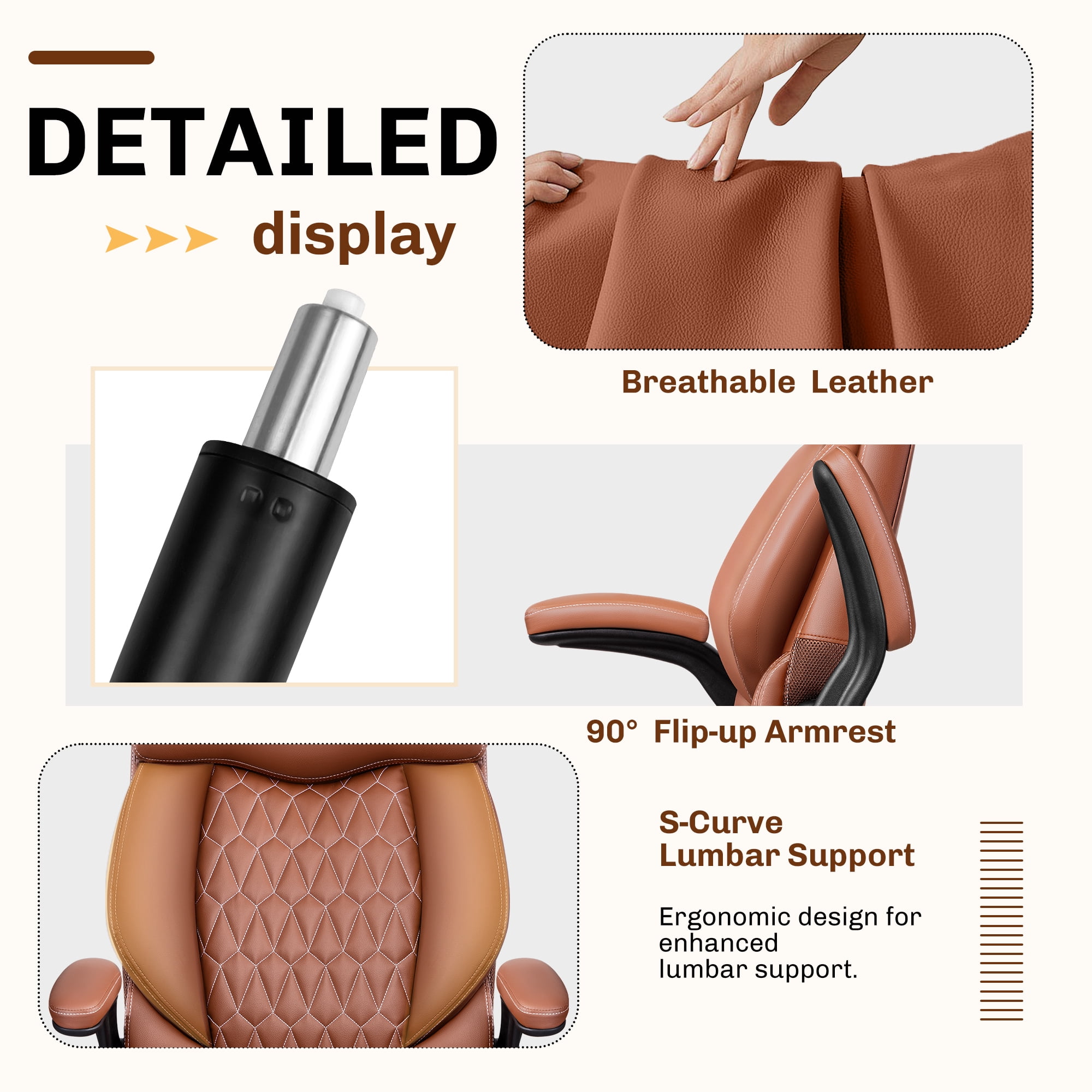 FASTES Office Chair, Ergonomic Computer Desk Chair with Rocking Function, Leather Chair with Adjustable Flip-up Armrests and Lumbar Support, Brown