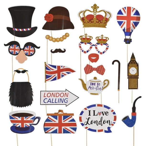 20 piezas de accesorios para fotos para decoraciones de fiestas nacionales británicas, Jubileo de Platino, bandera del Reino Unido, accesorios para fotomatón, suministros para fiestas patrióticas